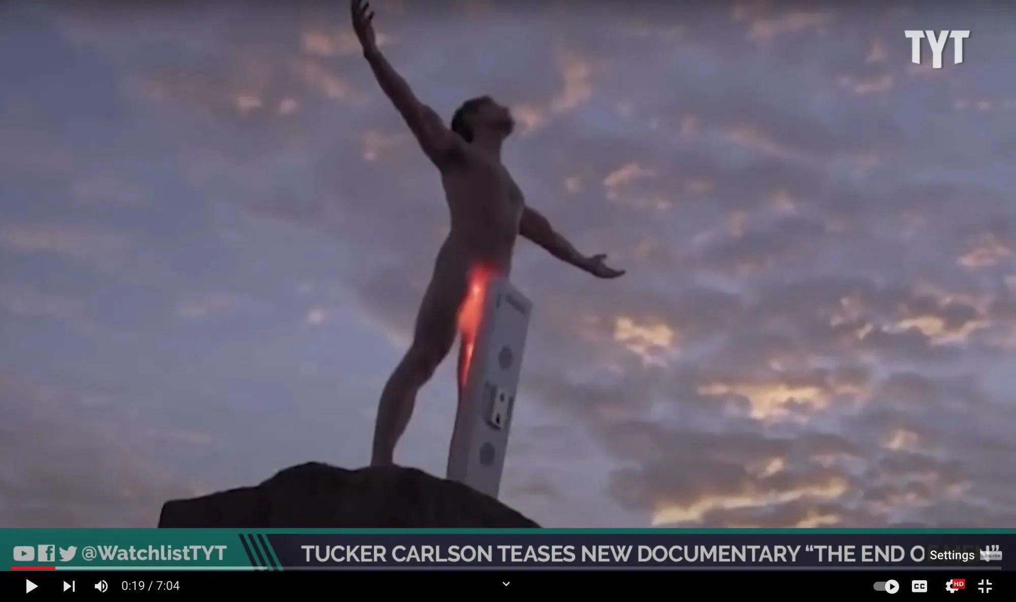 A naked male figure stands with arms outstretched on a rock against a cloudy sky. A white rectangular object is positioned near the figure's lower body. The scene conveys a dramatic and possibly provocative atmosphere. He is idiotically tanning his testicles.