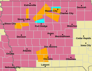 This map shows most of Iowa is in a severe thunderstorm watch, with only the eastern and southeastern eastern not included. 

Source: https://www.weather.gov/dmx/