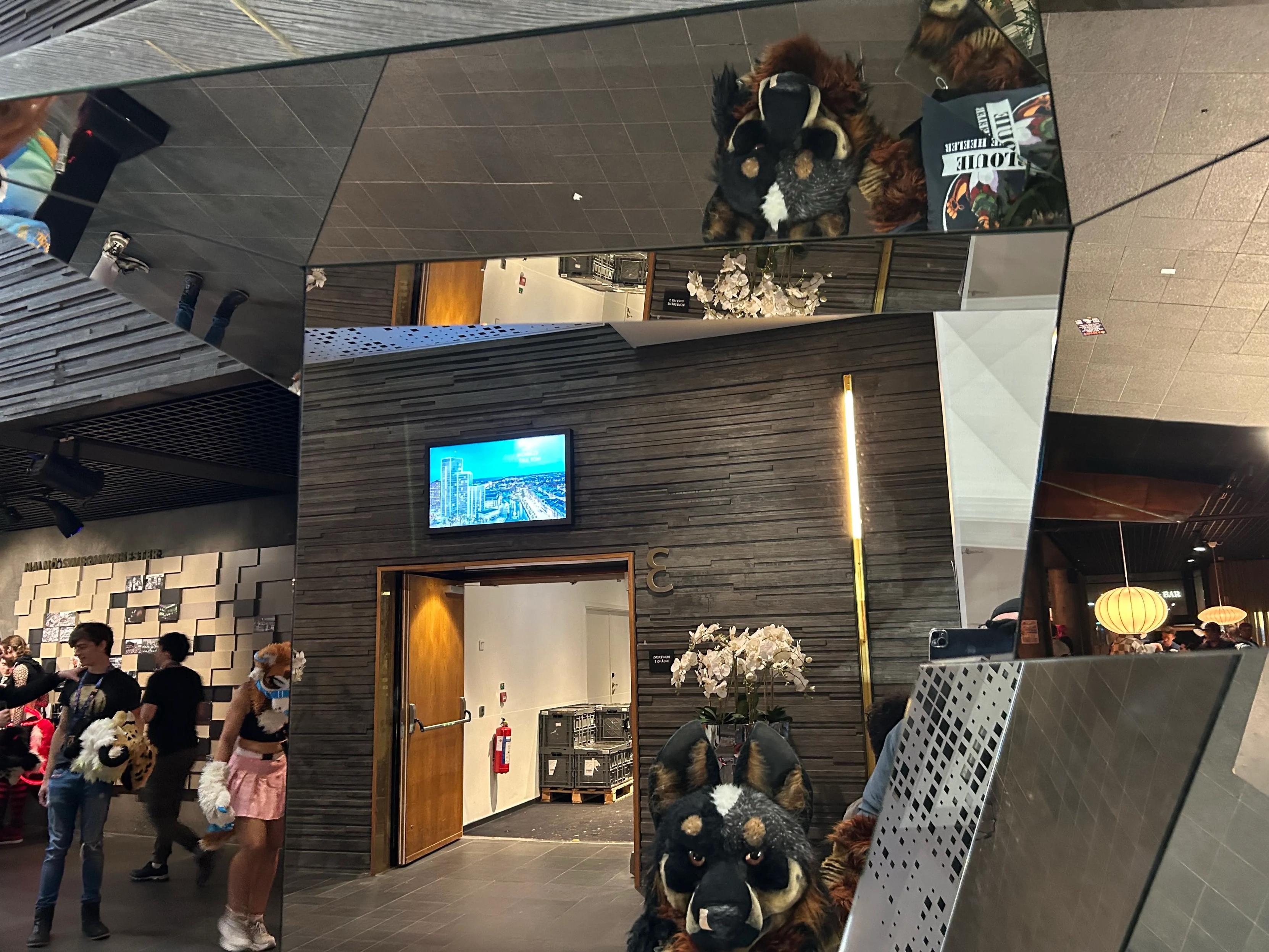 Photo of Blue Heeler fursuiter with multiple reflections, taken in front of a mirror sculpture in the Clarion Hotel in Malmö, Sweden.