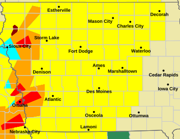 This is a weather map of Iowa that shows the western two thirds of Iowa are under a tornado watch with several active tornado warnings at the western edge of Iowas.

Source: https://www.weather.gov/dmx/