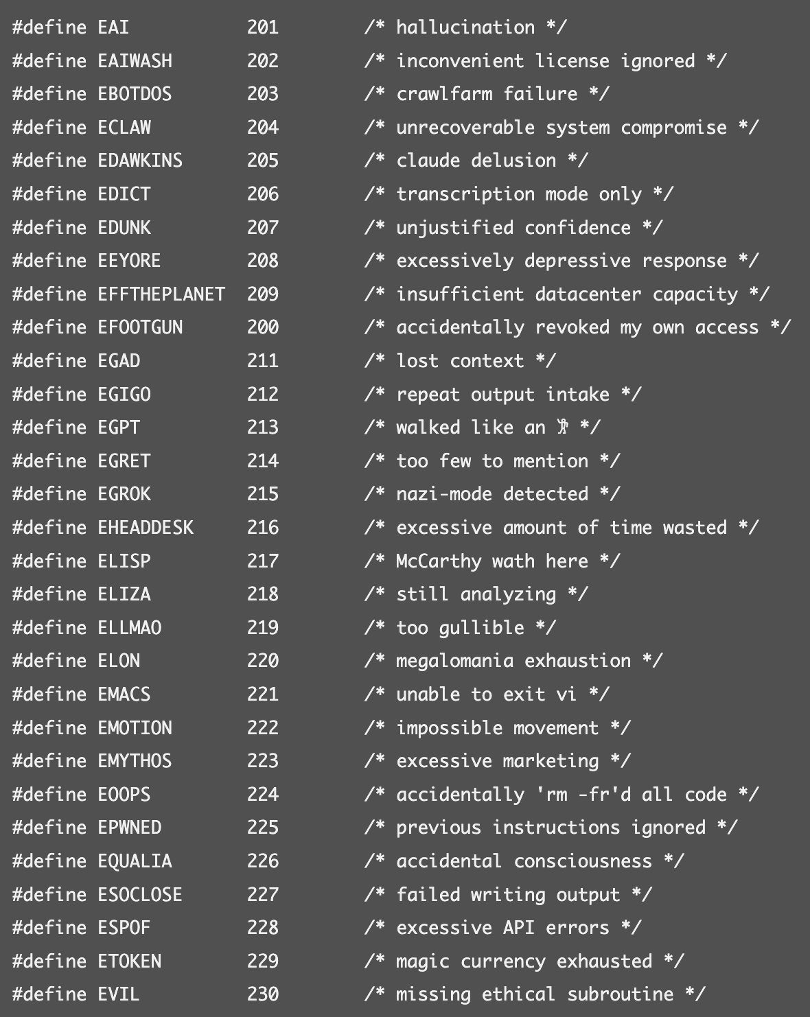 #define EAI           201        /* hallucination */
#define EAIWASH       202        /* inconvenient license ignored */
#define EBOTDOS       203        /* crawlfarm failure */
#define ECLAW         204        /* unrecoverable system compromise */
#define EDAWKINS      205        /* claude delusion */
#define EDICT         206        /* transcription mode only */
#define EDUNK         207        /* unjustified confidence */
#define EEYORE        208        /* excessively depressive response */
#define EFFTHEPLANET  209        /* insufficient datacenter capacity */
#define EFOOTGUN      200        /* accidentally revoked my own access */
#define EGAD          211        /* lost context */
#define EGIGO         212        /* repeat output intake */
#define EGPT          213        /* walked like an 𐦂 */
#define EGRET         214        /* too few to mention */
#define EGROK         215        /* nazi-mode detected */
#define EHEADDESK     216        /* excessive amount of time wasted */
#define ELISP         217        /* McCarthy wath here */
#define ELIZA         218        /* still analyzing */
#define ELLMAO        219        /* too gullible */
#define ELON          220        /* megalomania exhaustion */
#define EMACS         221        /* unable to exit vi */
#define EMOTION       222        /* impossible movement */
#define EMYTHOS       223        /* excessive marketing */
#define EOOPS         224        /* accidentally 'rm -fr'd all code */
[...]
