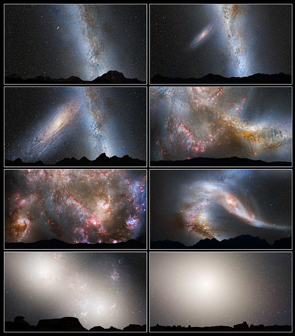Montage of photo illustrations that displays a possible predicted merger between the Milky Way Galaxy and the neighboring Andromeda Galaxy.