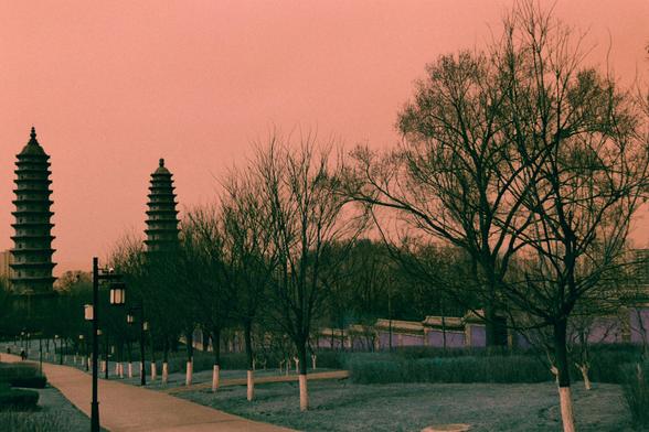 Harman Switch Azure (FF)

English
Two multi-tiered pagodas are visible in the distance, framed by leafless trees against an orange-pink sky. A winding pathway with lampposts and young trees leads the viewer’s eye toward the pagodas. The ground is covered in low shrubs and grass.
中文
远处可见两座多层宝塔，被光秃秃的树木框住，背景是橙粉色的天空。一条蜿蜒的小路，两旁有路灯和幼树，引导观者的视线朝向宝塔。地面覆盖着低矮的灌木和草。
