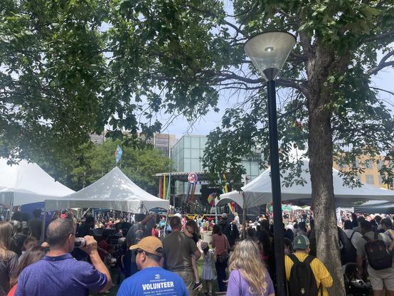 Crowds watching  the dancing at the main stage adjacent to the University of Iowa building in downtown Des Moines.