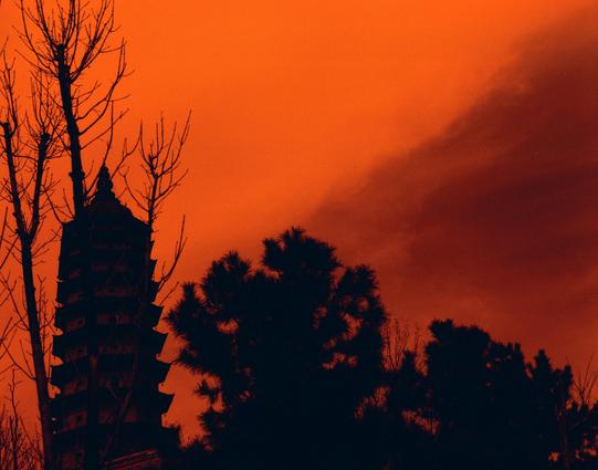 Harman Red 125 (6x7)

##English
Silhouette of a multi-tiered pagoda and bare trees against a vibrant orange sky. The pagoda, with its distinct curved eaves, stands tall on the left, partially obscured by leafless branches. The sky is filled with a gradient of warm orange hues, with a faint beam of light visible in the upper right.
##中文
橙色天空下，一座多层宝塔与光秃秃的树木的剪影。宝塔位于左侧，其弯曲的屋檐特征明显，部分被光秃的树枝遮挡。天空充满温暖的橙色渐变，右上角有一束微弱的光线。