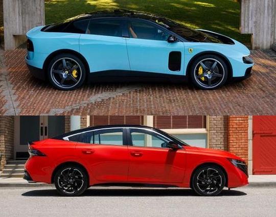 The top photo is the 2027 Ferrari Luce. The bottom photo is the 2026 Nissan Sentra. Both are promo photos (provided by the manufacturer), cropped, flipped, and aligned to provide a quick way to compare the profiles. The point I am making in this composite photo is to show that in profile, the overall styling of the 2027 Ferrari Luce much more closely resembles the mass-produced Nissan sedans than it does of a typical Ferrari. I think maybe the Ferrari is slightly better looking, but the Nissan …