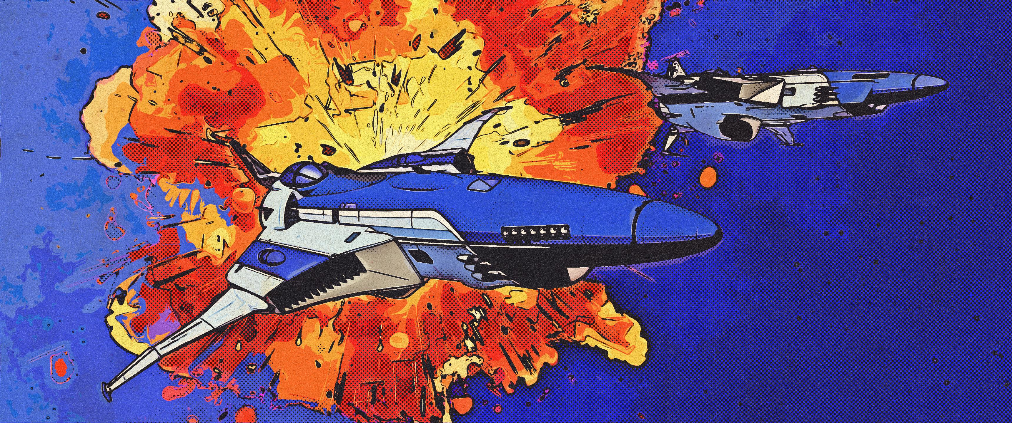 Two SF-51P Mustang spacecraft banking hard away from a spectacular explosion rendered in a comic book watercolour style. Blue ships, orange fireball, deep space behind