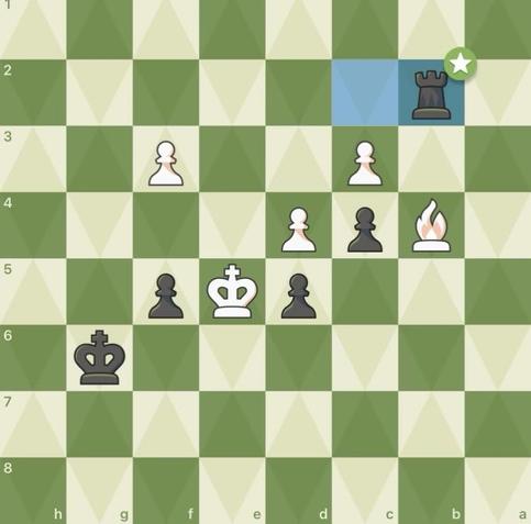 A chessboard in a late-game position. Both sides have 3 pawns, white has a the dark-colored bishop, while black has a rook.