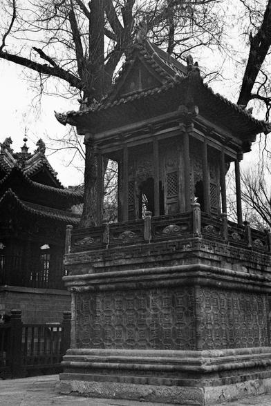 Kentmere PAN 400 (FF)

##English
Black-and-white photograph of a traditional Chinese stone pavilion. The pavilion has a square base with intricate geometric and floral carvings on its sides. The roof is tiled with upturned eaves and decorative finials at the corners. A large, leafless tree stands beside the pavilion, its branches spreading out above. In the background, another traditional building with similar architectural features is visible.
##中文
黑白照片，拍摄的是一座传统中式石亭。亭子的基座为正方形，四侧雕刻有精美的几何和花卉图案。屋…