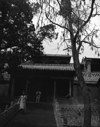 Kentmere PAN 400 (6x7)

English
A black-and-white photograph of a traditional Chinese building with a multi-tiered roof. A bare tree with hanging seed pods stands in the foreground, partially obscuring the view. Two individuals are visible on the stone staircase leading to the building. The sky is overcast, adding a muted tone to the scene.
中文
一张黑白照片，拍摄的是一座中国传统建筑，屋顶为多层结构。前景是一棵光秃秃的树，树上挂着种子荚，部分遮挡了视线。两个人出现在通往建筑的石阶上。天空阴云密布，为场景增添了暗淡的色调。