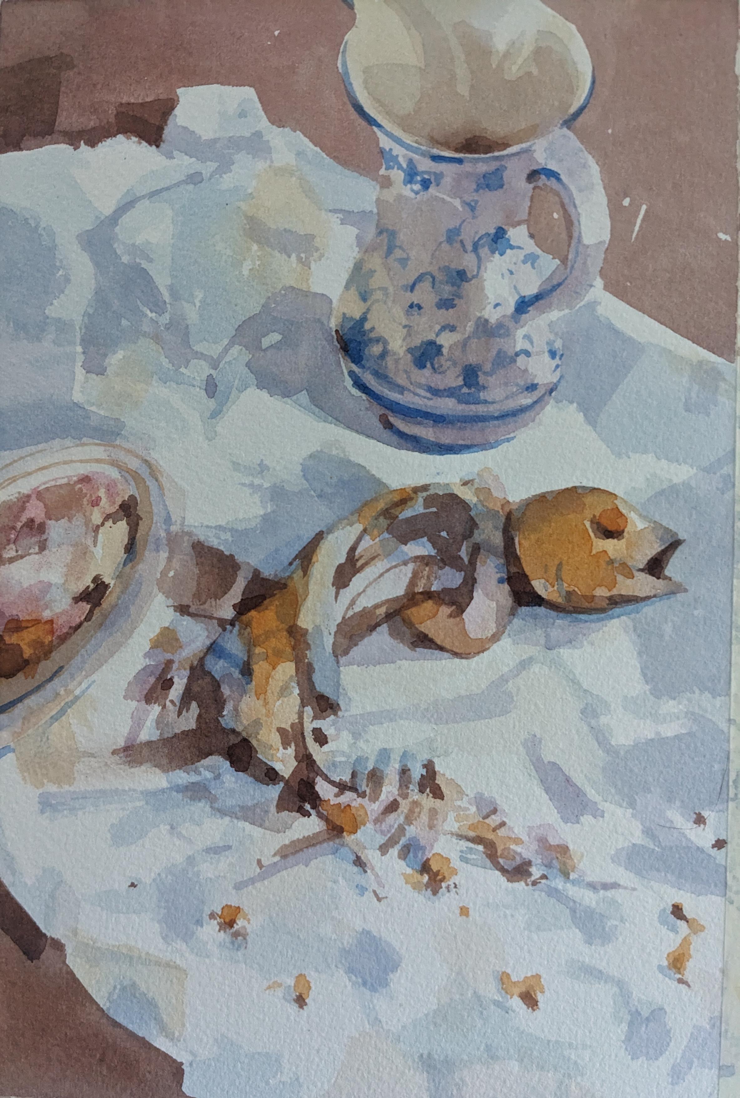 Watercolor painting of a smoked Herring carcass, twisted showing its skin and bones. As it lays upon an opened rectangular and creased white wax paper, a dish sets to its right with its meat. Holding down the paper, set upon a brown table, is an urn decorated in blue Delft ornamentation.