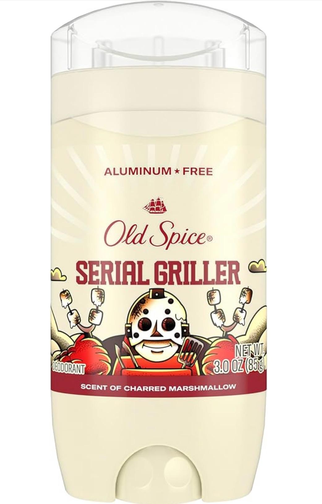 ALUMINUM * FREE
Old Spice
SERIAL GRILLER
RDEODORANT
3.0 0z(85g)
SCENT OF CHARRED MARSHMALLOW
(deodorant)