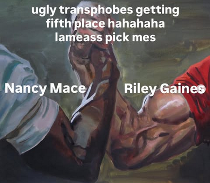 Meme from @ItsSuzanneLambert on Ig
"Ugly transphobes getting fifth place hahahaha lameass pick me's"
Shows two muscular male arms, one Black and one white, with their hands clasped together. They are labeled "Nancy Mace" and "Riley Gaines."