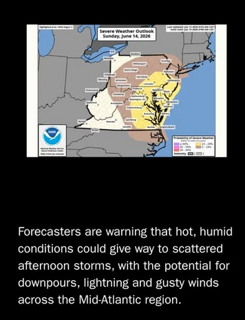 Weather map from NOAA showing severe weather alerts concentrated around the DC area and the closest parts of Virginia and Maryland. The corpse of Newsweek says "Forecasters are warning that hot, humid conditions could give way to scattered afternoon storms, with the potential for downpours, lightning and gusty winds across the Mid-Atlantic region."

Again, most of us will be protesting under blue skies lol