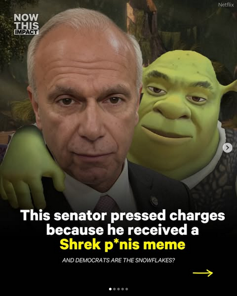 NOW THIS impact shows Ohio State Senator Cirino  with Shrek, who has a big green arm around the senator and actually looks pretty chill. Text reads: "This senator pressed charged because he received a Shrek penis meme. And Democrats are the snowflakes?"