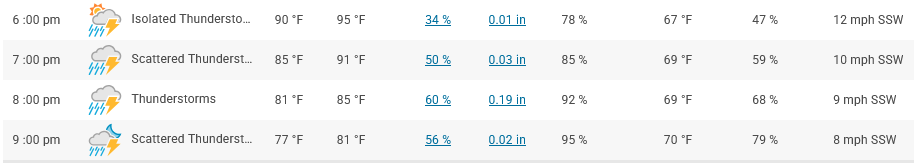 From 6pm to 9m, the temperature in DC will go from 90 degrees to 77. Thunderstorms are forecast the whole time. The likelihood of rain is 60% at the time of the fight.