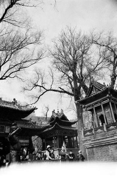 Ilford Pan 400 (FF)

English
Black-and-white photograph of a traditional Chinese temple complex. The scene features intricate, multi-tiered roofs with upturned eaves, adorned with detailed carvings. A large, leafless tree stands prominently in the foreground, its bare branches stretching across the image. In the background, a group of people gathers near the entrance of a building, some standing and others seated. The architecture includes ornate wooden structures and stone walls, typical of cl…