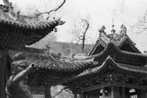 Ilford Pan 400 (FF)

Black-and-white photograph focusing on a statue in the foreground, depicting a figure holding a large object, possibly a musical instrument or ritual item. Behind the statue, traditional Chinese temple roofs with upturned eaves and intricate carvings are visible. The roofs are layered and detailed, with mythical creature statues adorning the ridges. Bare tree branches are visible in the background, along with a faint outline of a hilly landscape.
中文
黑白照片，前景是一尊雕像，描绘的是一个手持大型物…
