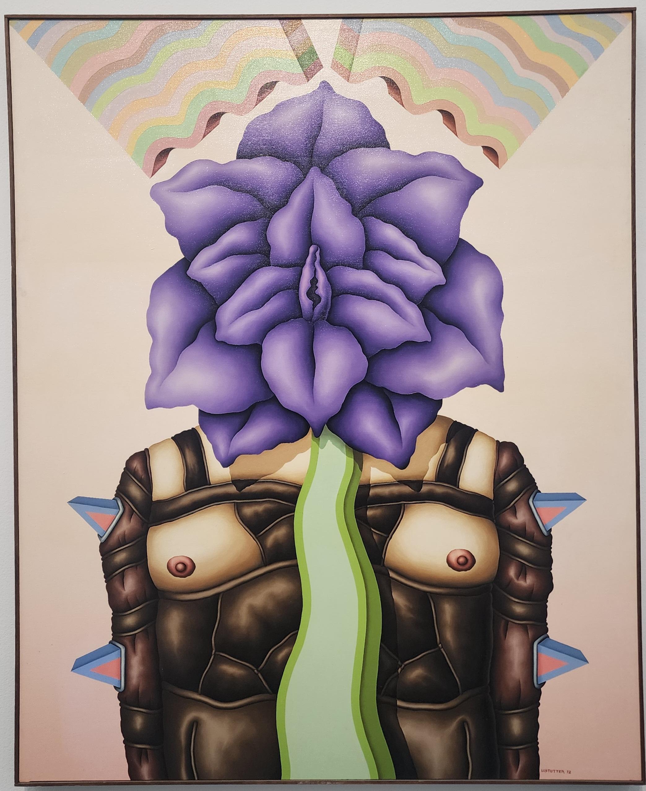 An ambiguously gendered figure restrained by an elaborate leathery garment. its head is replaced or obscured by a blue blooming form.