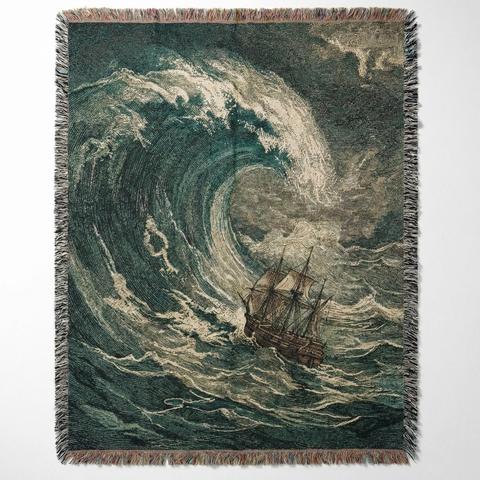 a woven throw blanket featuring a dramatic scene of a tall ship sailing through a massive, curling ocean wave against a stormy sky.