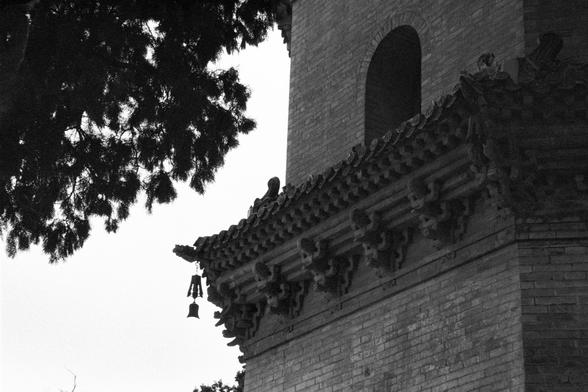 Ilford Pan 400 (FF)

English
A black-and-white photograph of the side of a traditional Chinese building. The image highlights the detailed carvings and ornamental eaves of the structure. A bell hangs from the eaves, and a tree branch partially obscures the view. The building is made of brick.
中文
一张黑白照片，拍摄的是中国传统建筑的侧面。图片突出展示了建筑精美的雕刻和装饰性屋檐。屋檐下悬挂着一个铃铛，一根树枝部分遮挡了视线。建筑由砖块砌成。