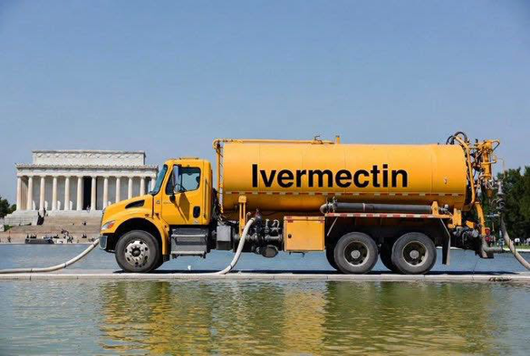 Image showing a yellow tanker truck next to the Washington, D.C. reflecting pool. Hoses are plugged into the tank, hanging down into the pool. The side of the truck is labeled, “ Ivermectin”.