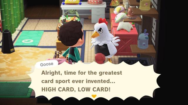 This is a screenshot of Animal Crossing New Horizons on the Nintendo Switch. The character Goose is visiting my home. He says “Alright, time for the greatest card sport ever invented… HIGH CARD, LOW CARD!” The all capitals for “High Card, Low Card” is a direct quote from the game dialogue. Goose’s eyebrows are very intense, almost appearing to be angry.