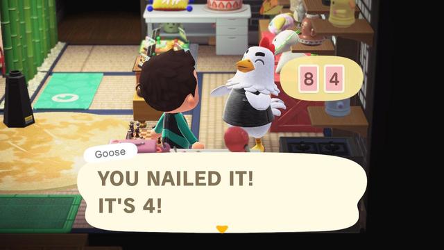 A follow-up  screenshot. This time Goose appears both happy and relieved. The game shows the first card was an 8, and I predicted the next card would be lower.

Goose shouts “YOU NAILED IT! IT’S 4!”