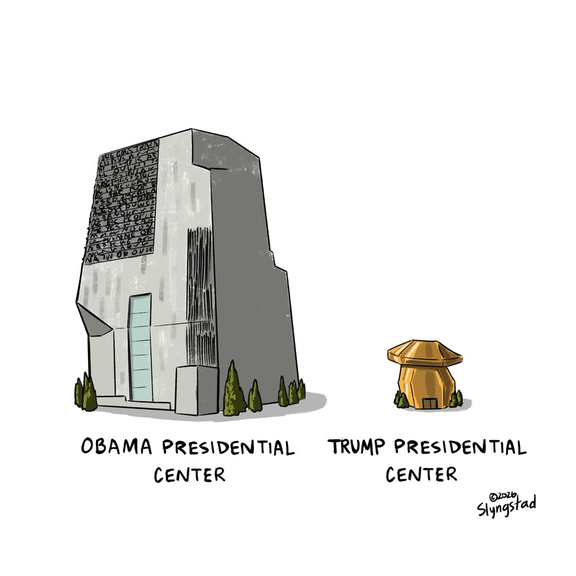 Cartoon by Slyngstad. On the left it shows the Obama Presidential Center, a grey brutalist style building on the south side of Chicago. On the right, it says "Trump Presidential Center" and there's a picture of a tiny mushroom shaped building, a reference to a comment Stormy Daniels made about Trump's penis.