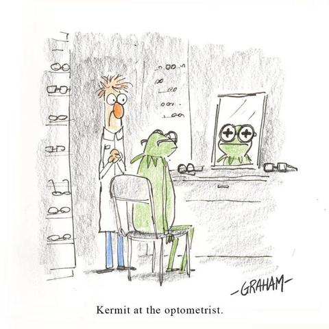 A cartoon illustration of Kermit trying on glasses at the optometrist. Caption reads "Kermit at the optometrist."