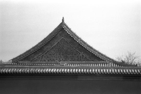 Ilford FP4 Plus 125 (FF)

##English
Black-and-white close-up of the ornate gable end of a traditional Chinese building. The triangular roof section is richly decorated with intricate carvings and patterns, showcasing traditional craftsmanship. The roof tiles are layered, and the image captures the fine details of the architectural design.
##中文
这张黑白照片特写展示了传统中式建筑山墙的精美细节。三角形屋顶部分装饰有复杂的雕刻和图案，展现了传统工艺的精湛。屋顶瓦片层层叠叠，照片捕捉了建筑设计的精细之处。