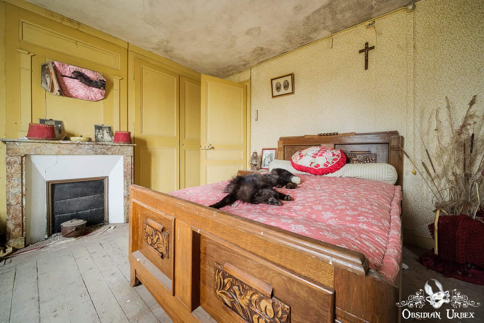 A bedroom in an abandoned French farmhouse features yellow walls and a large wooden bed.