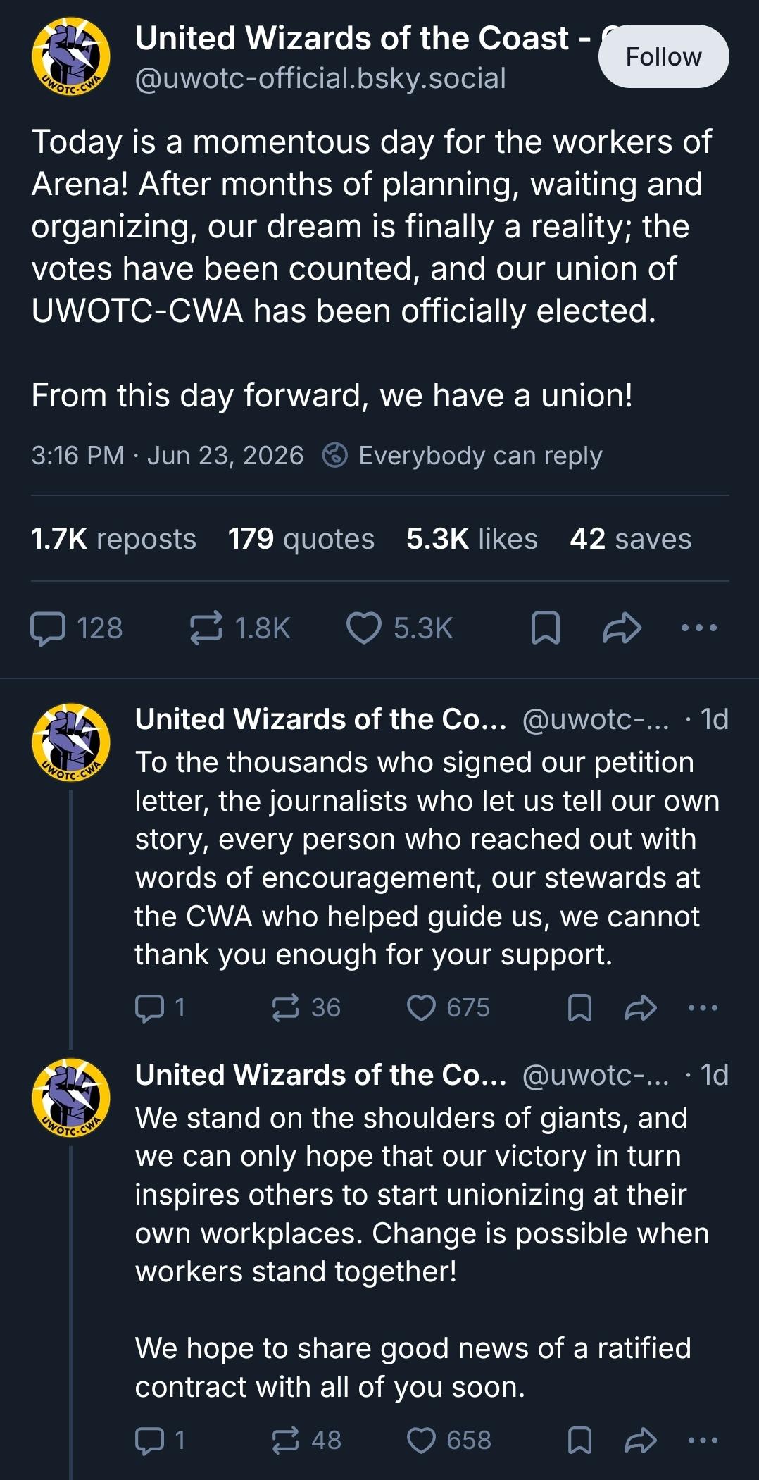 A long post from the WOTC union bluesky account announcing that their vote was successful and they are now unionized