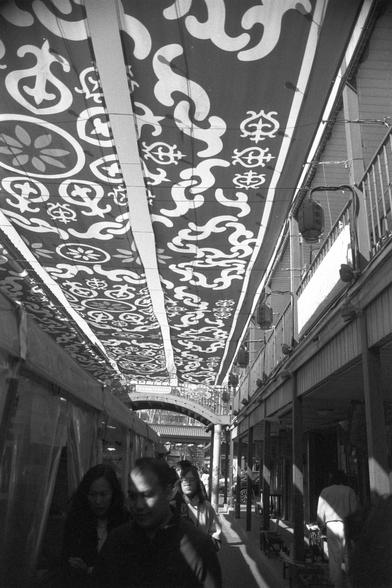 Ilford FP4 Plus 125 (FF)

English
A black-and-white photograph of a covered walkway with intricate white decorative patterns on a dark ceiling. The walkway is flanked by buildings with railings and lanterns. Several people are walking beneath the covered area, and the perspective creates a sense of depth.
中文
一张黑白照片，展示了一个带顶棚的走廊，顶棚上有精美的白色装饰图案，背景为深色。走廊两侧是带有栏杆和灯笼的建筑。几个人在走廊下行走，透视感强烈。