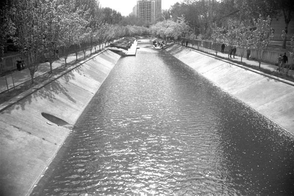 Ilford FP4 Plus 125 (FF)

English
A black-and-white photograph of a long, narrow reflecting canal lined with trees in full bloom on both sides. The canal reflects the trees and the sky. People are walking along the edges of the canal, and a tall building is visible in the far background.
中文
一张黑白照片，展示了一个狭长的运河河道，两侧种满了盛开的树木。河道倒映着树木和天空。人们在河道边行走，远处可见一栋高楼。