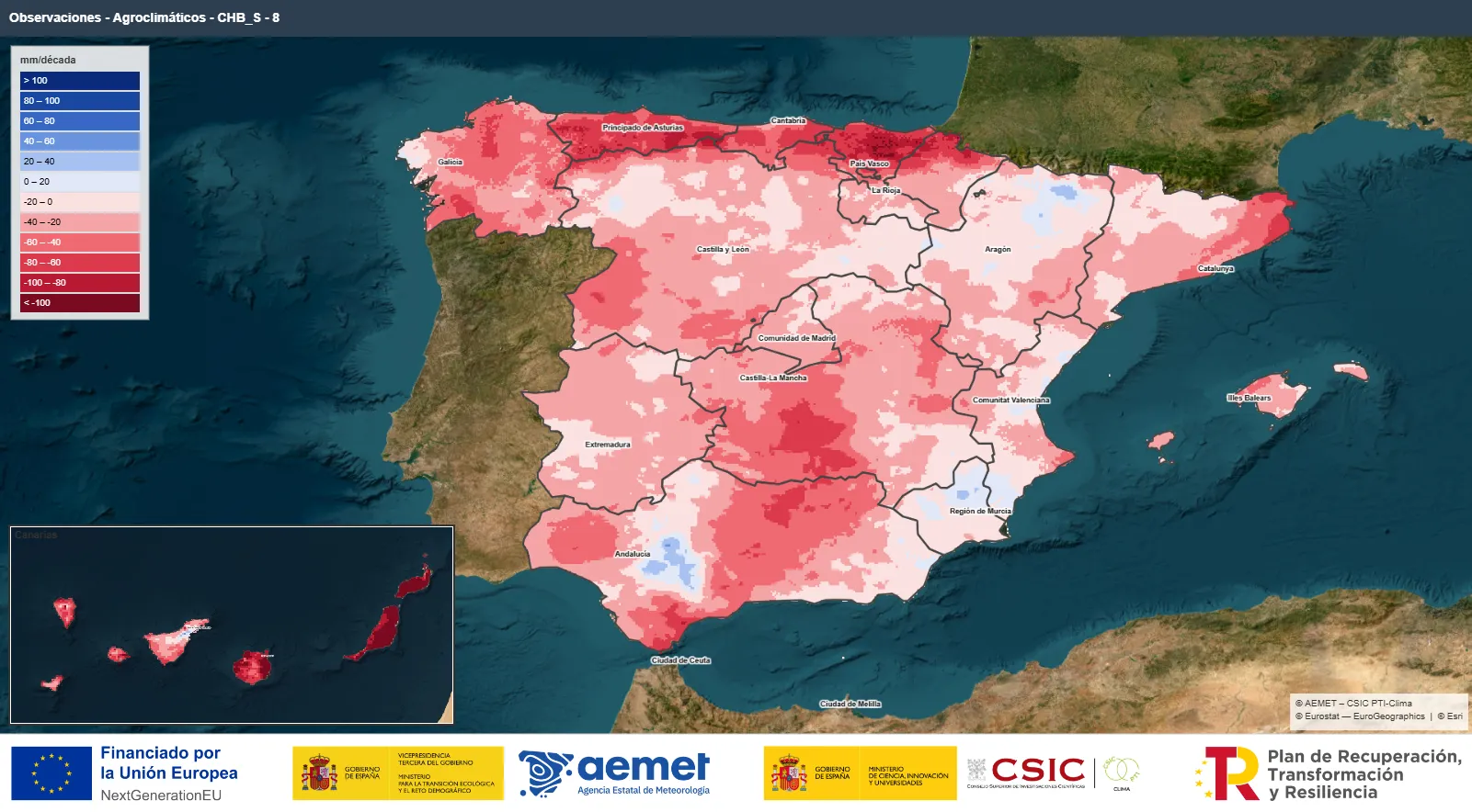 Imagen del mapa de España, incluyendo Canarias, donde se representa la tendencia del balance hídrico entre abril y octubre de 1991 a 2025. Se observa la mayor parte del país con colores rojos indicando una reducción de ese balance hídrico.