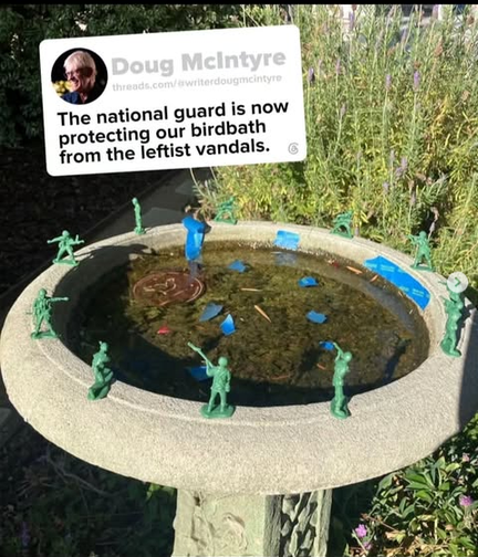 Doug McIntyre on Threads says "The national guard is now protecting our birdbath from the leftist vandals." He posts a pic of a circular stone birdbath with a bunch of algae in it, small pieces of blue tape on the edges and floating in the water, and a circle of plastic little green Army men toys around the edge.