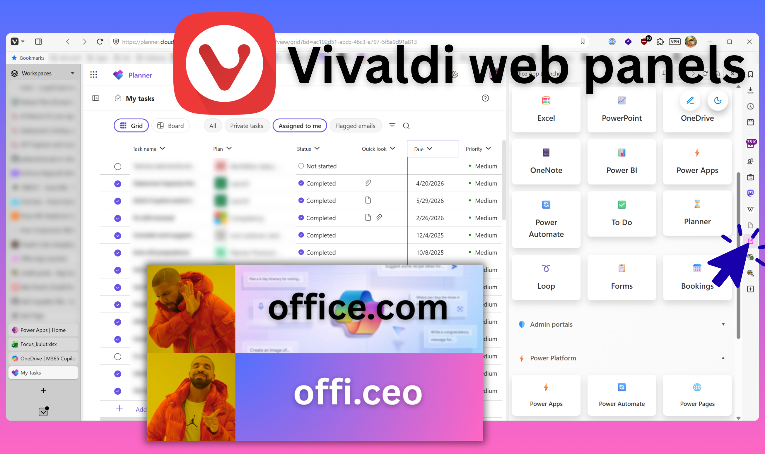 Vivaldi web panels: browser sidebar showing offi.ceo app launcher for MS Office apps.