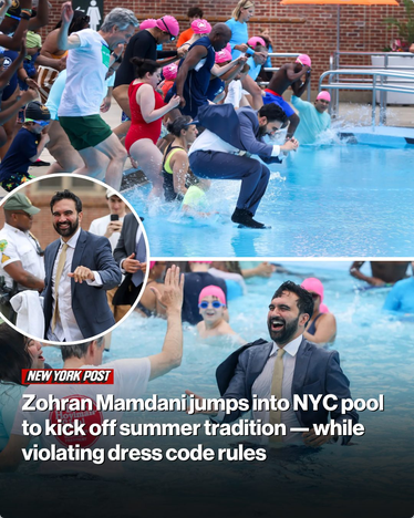 Real headline from the New York Post off their Ig
In the top picture, Mamdani is wearing a suit and jumping into a Harlem swimming pool with a diverse, joyful crowd of swimmers. In the bottom picture, he's standing in the pool in his soaking wet suit, laughing, and someone seems to be offering him a high five. It's a perfect, funny depiction of summer joy.
Real headline reads "Zohran Mamdani jumps into NYC pool to kick off summer tradition-- while violating dress code."