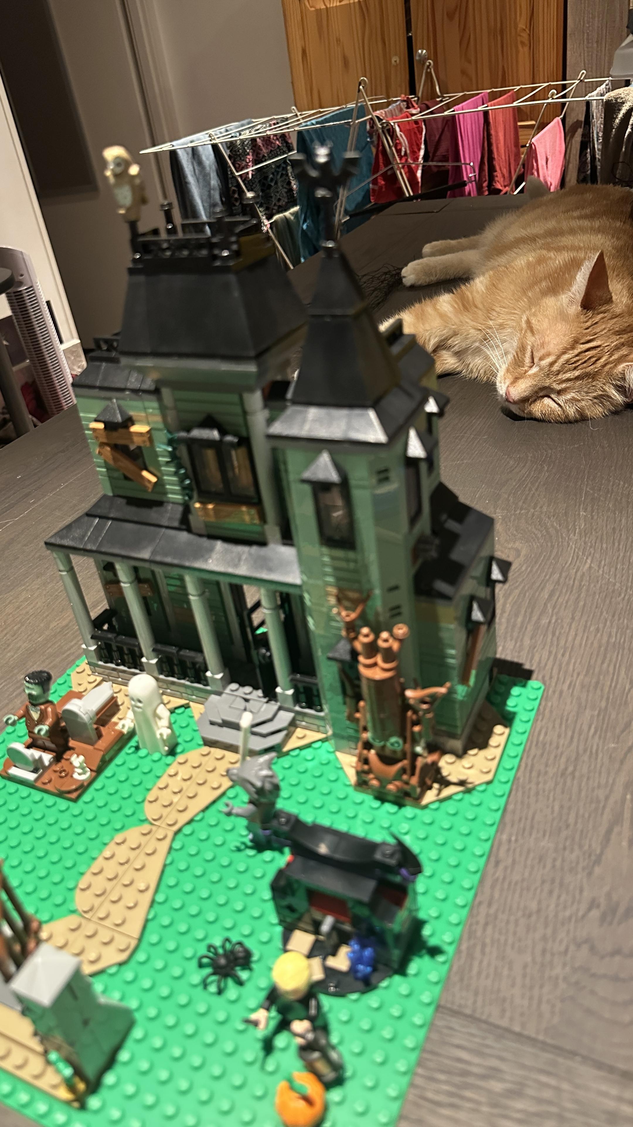 Washy sleeping behind a LEGO haunted house