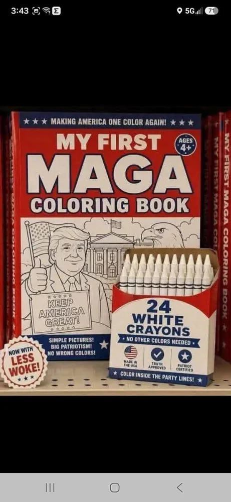 meme fo MAGA coloring book and box of all-white crayons