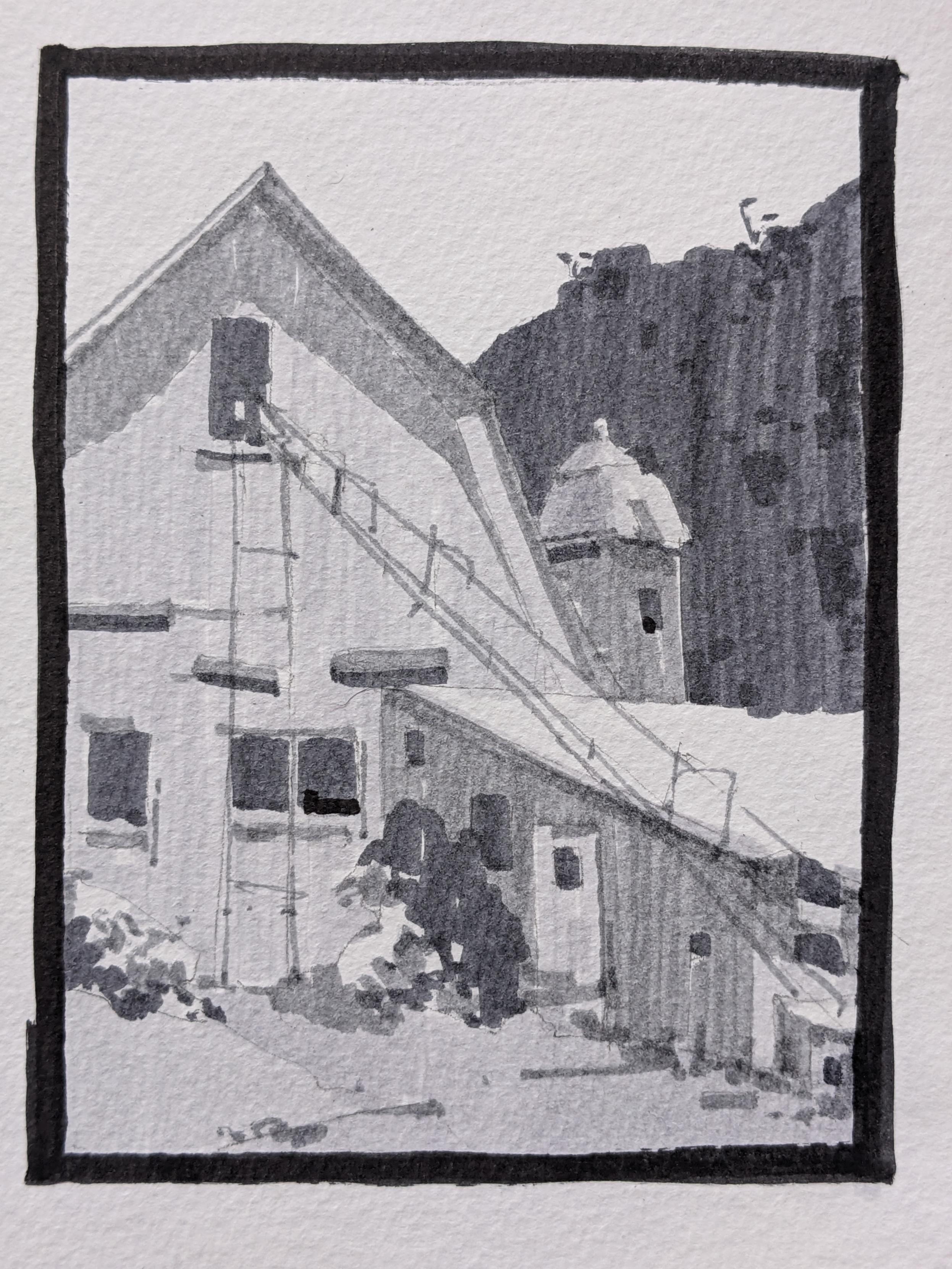 Gray-scale marker drawing of a barn in Cornwall, Vermont. A tall wooden barn stands to the left with a faded, gray wooden-slat facade, and ladders and hay shoots emanating from its upper window. To the right a small structure with a steel roof gives into dilapidation. Behind them, a silo stands before a dark hill.