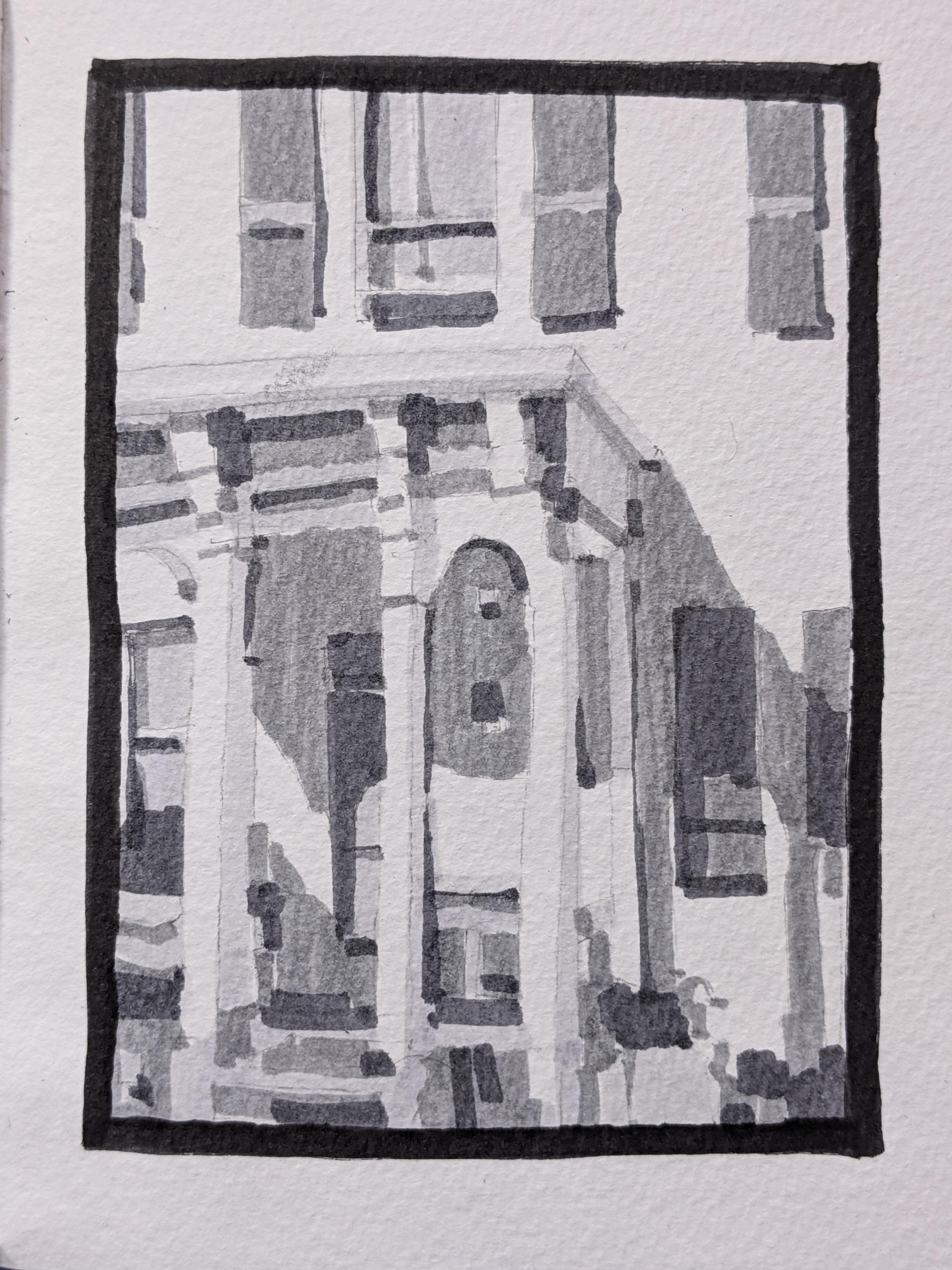 Gray-scale marker drawing of a columned, front entrance to a white clapboard house in Middlebury, Vermont. The bright sun - above and to the left - casts a large shadow under the roof of the entrance and along the facade, cutting angles and draping dark windows. Above, a window rests in the sunlight, flanked by its open shutters.