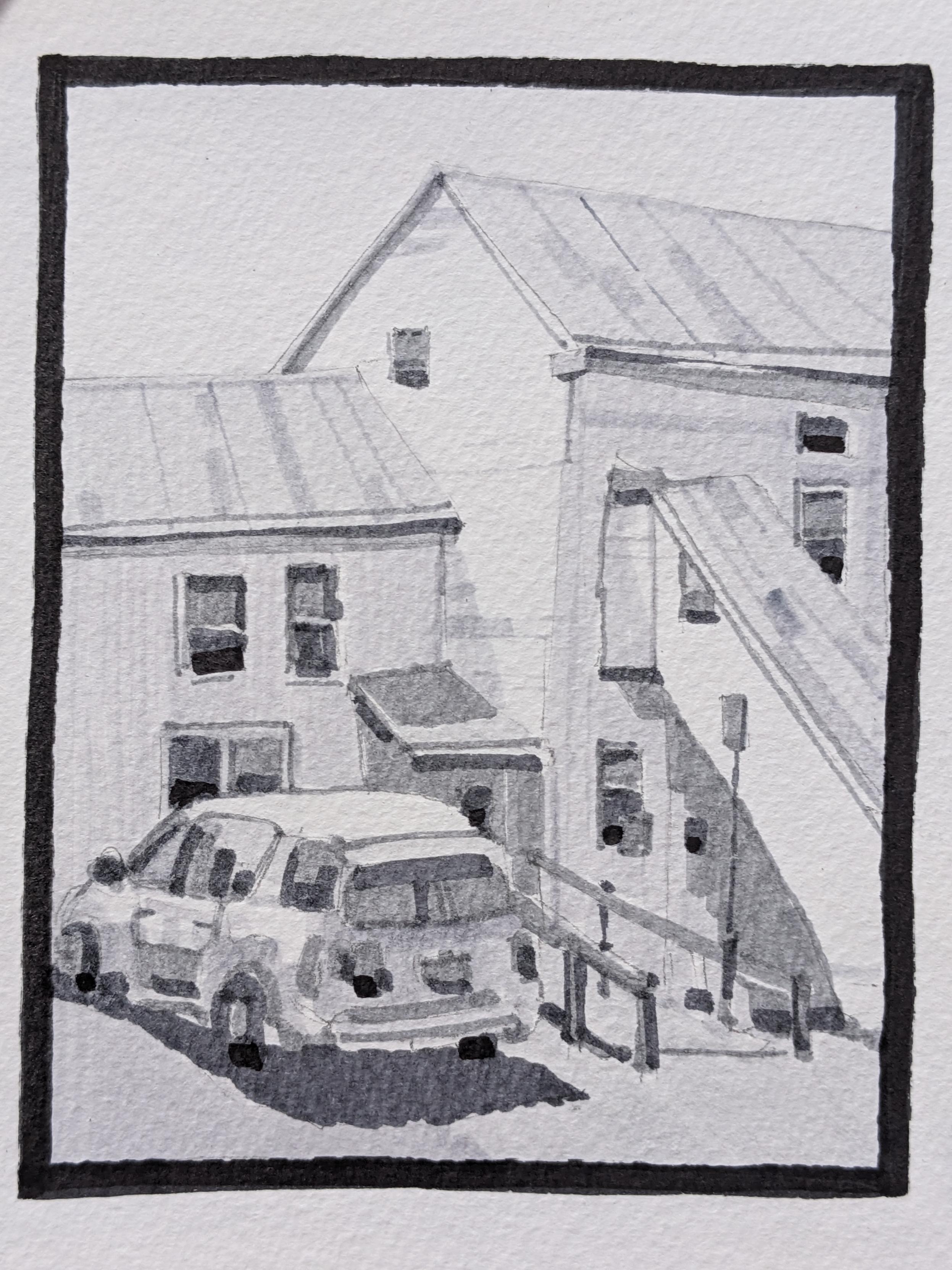 Gray-scale marker drawing of apartments in downtown Middlebury, Vermont. Two boxy, white buildings are joined in the center, as a low wooden ramp leads the entrance of the left building. A long, enclosed staircase rises to the second floor of the building on the right, while a car is parked in the lot in the foreground.