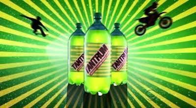 This is a screenshot from the TV show How I Met Your Mother.
This shot shows a screen from an advertisement for the fictional soda called “Tantrum”, which has the selling tagline of “highest caffeine level available over the counter”.
The soda and label are colored green. The shot features icons of a person skateboarding and another person riding an off-road motorcycle. I think the advertisement visuals are a nod to Mountain Dew, even though standard Mountain Dew does not extremely high caffe…