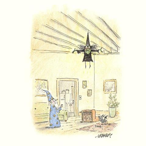 A cartoon illustration of a worried looking Wizard watching his Witch wife levitate up to the ceiling rafters while a little bat dog looks on.