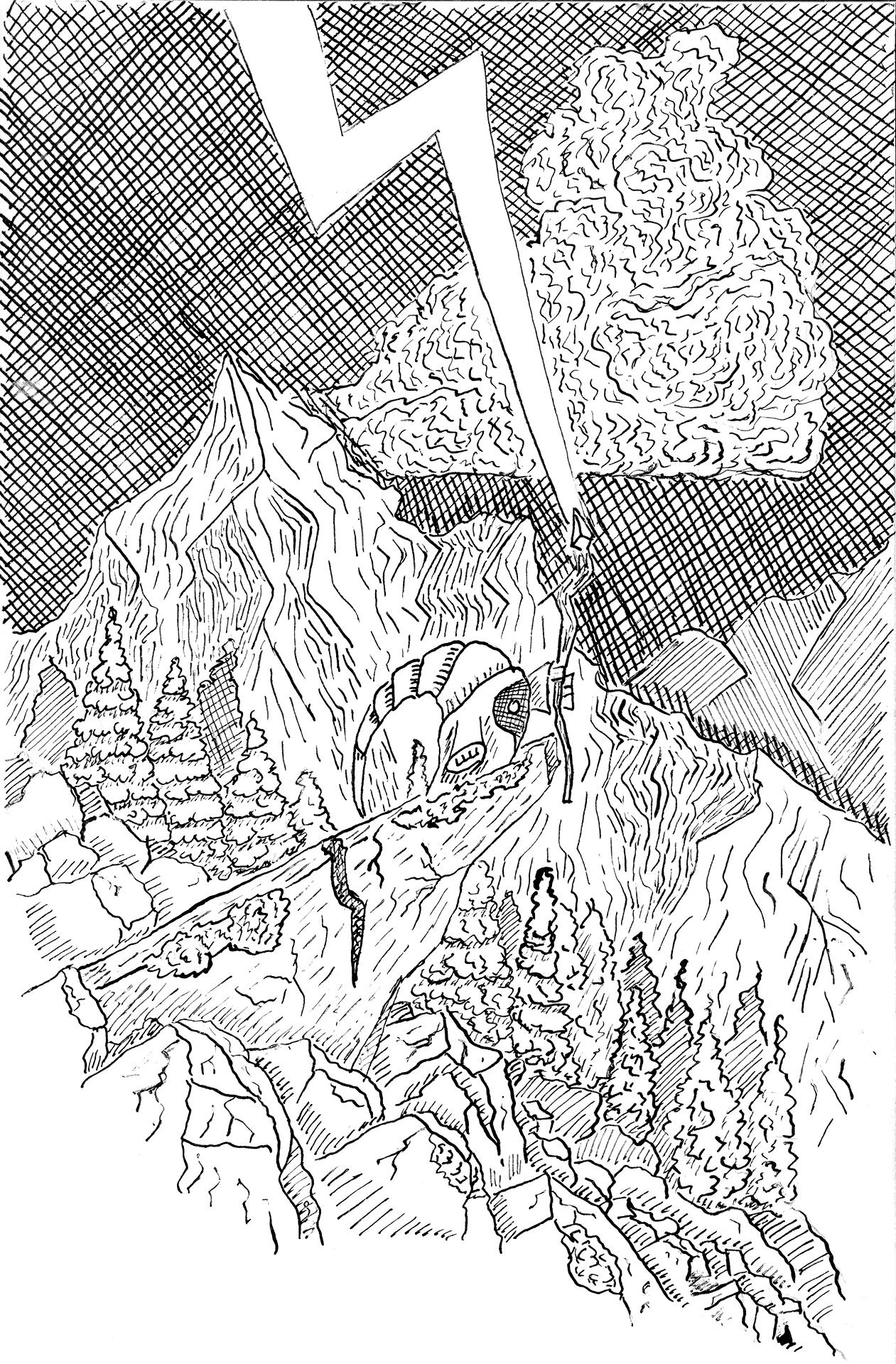 hooded figure on a rock with lightning striking his staff