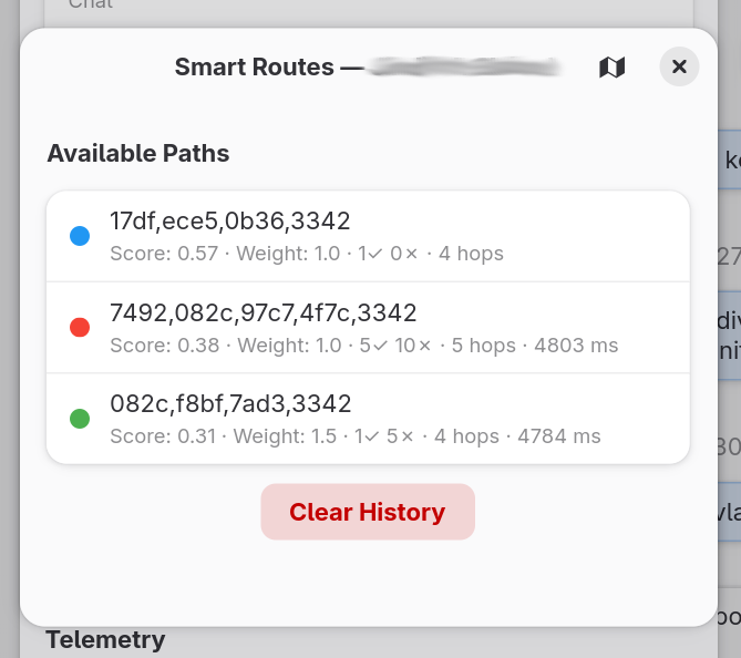 A screenshot of a dialog with available paths for smart routing. There are three paths, each with different colour. Each has all included nodes, score, weight, success/failure count and number of hops. There is a red "Clear History" button.