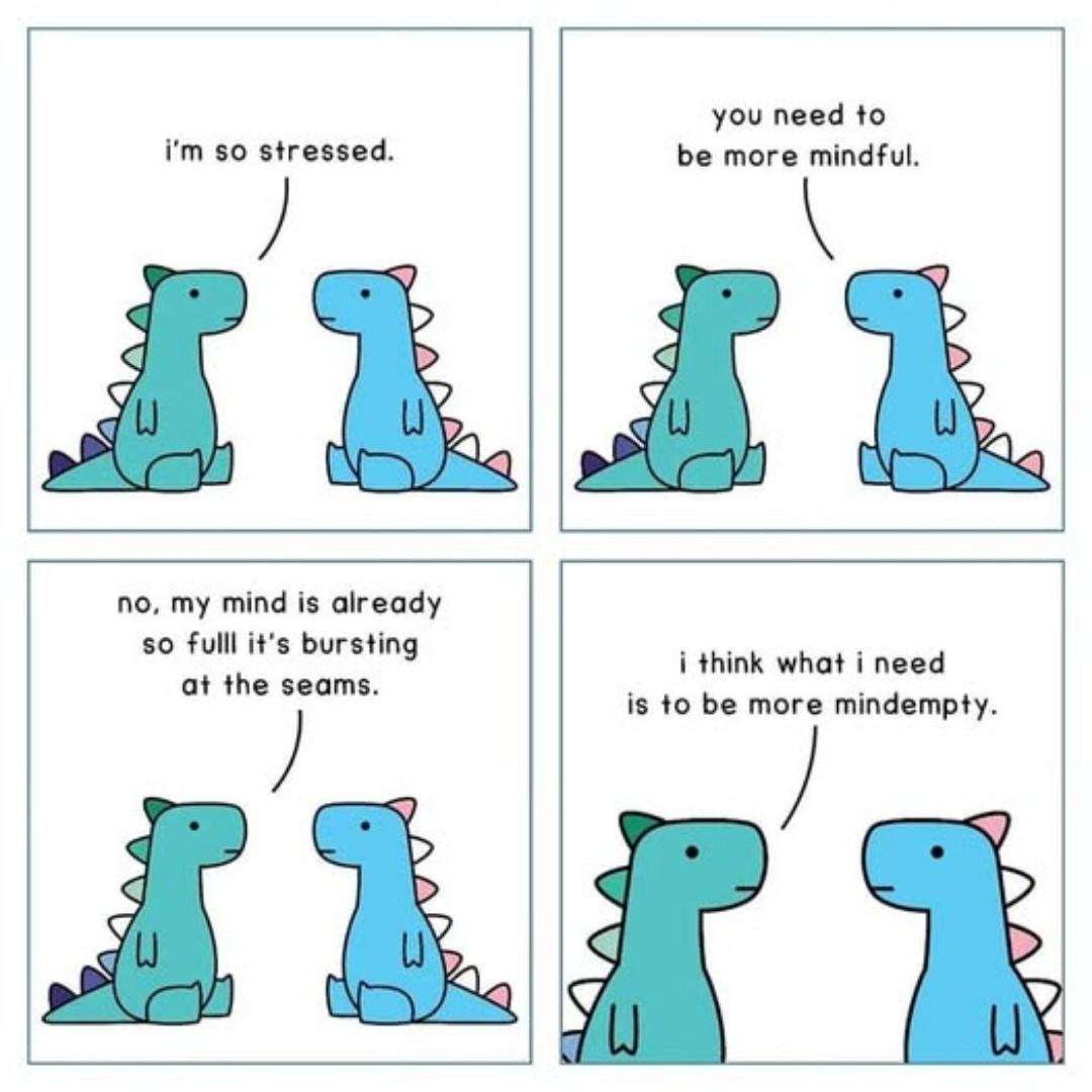 A four-panel comic featuring two cartoon dinosaurs. One says 'i'm so stressed', 'you need to be more mindful', 'no, my mind is already so fulll it's bursting at the seams', and 'i think what i need is to be more mindempty.'
