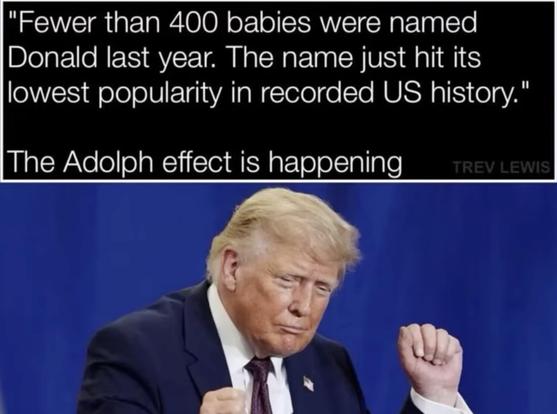 Meme. Image of trump “dancing”.
“Fewer than 400 babies were named Donald last year. The name just hit its lowest popularity in recorded US history.”
The Adolph effect is happening.